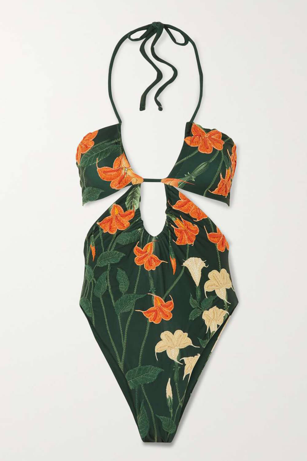 Floral Printed Cutouts Halter One Piece Swimsuit - Red
