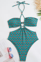 Floral Printed Cutouts Halter One Piece Swimsuit - Green