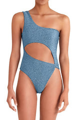 Metallic Blue Cut Out One-Shoulder One-Piece Swimsuit