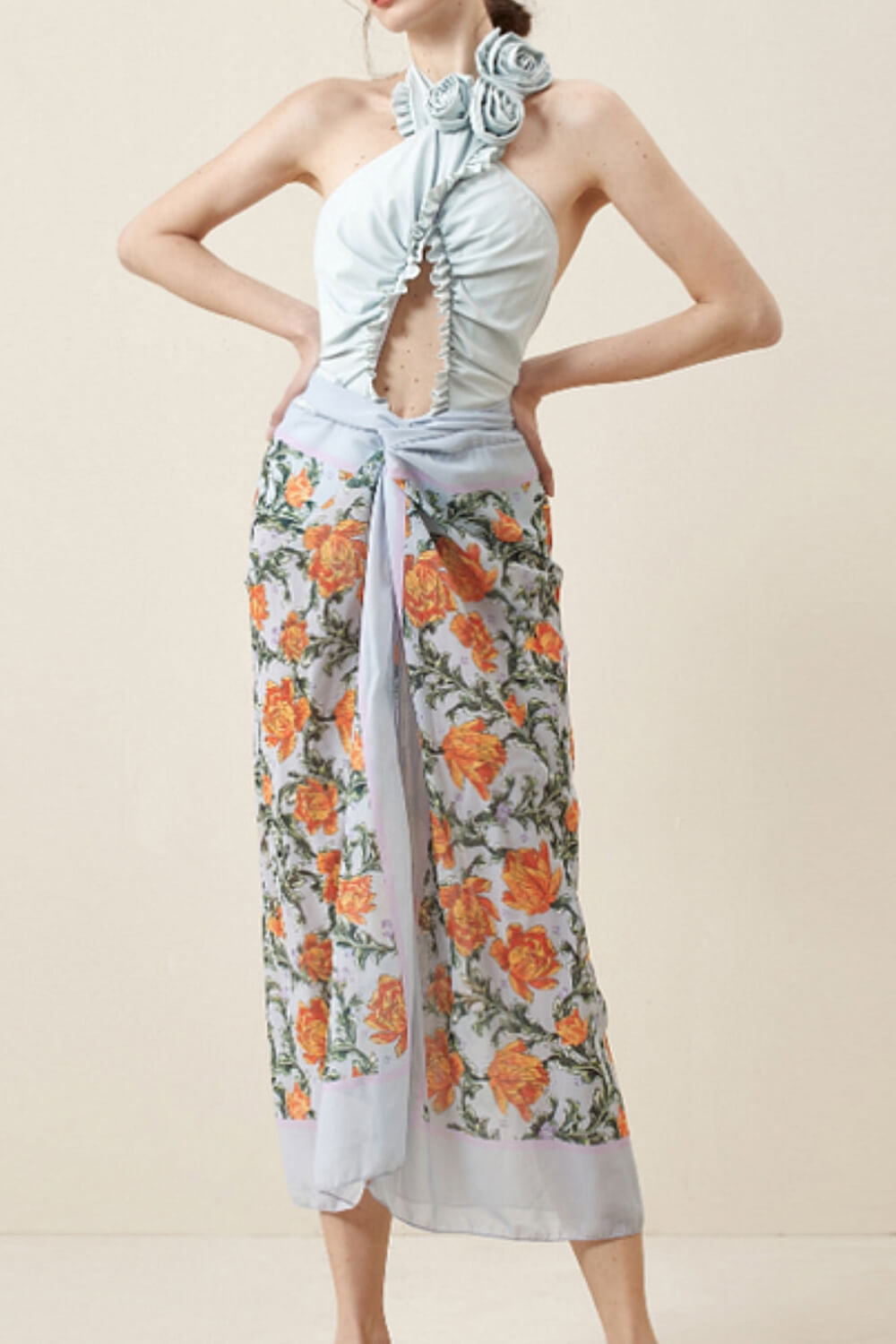 3D Flower Cutout Ruffled Halter One-Piece Swimsuit
