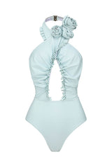 3D Flower Cutout Ruffled Halter One-Piece Swimsuit