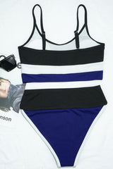 Colorblock Rib Sporty High-Waist Bikini Set - Black&White&Blue