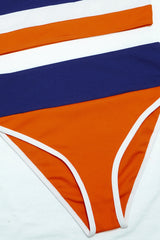 Colorblock Rib Sporty High-Waist Bikini Set - Blue&White&Orange