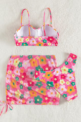 Floral Shell Cupped Underwire Bikini Set With Lace Up Sarong Mini Skirt