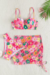 Floral Shell Cupped Underwire Bikini Set With Lace Up Sarong Mini Skirt