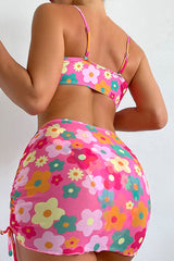 Floral Shell Cupped Underwire Bikini Set With Lace Up Sarong Mini Skirt