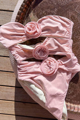 Rose Applique Strapless Cut-Out One Piece Swimsuit