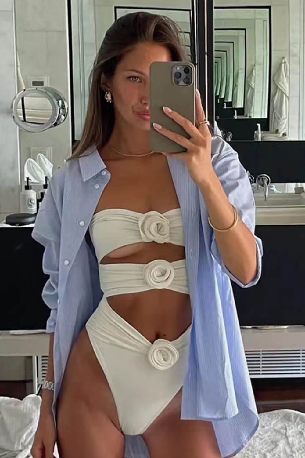 Rose Applique Strapless Cut-Out One Piece Swimsuit