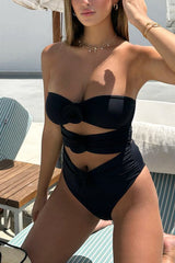 Rose Applique Strapless Cut-Out One Piece Swimsuit