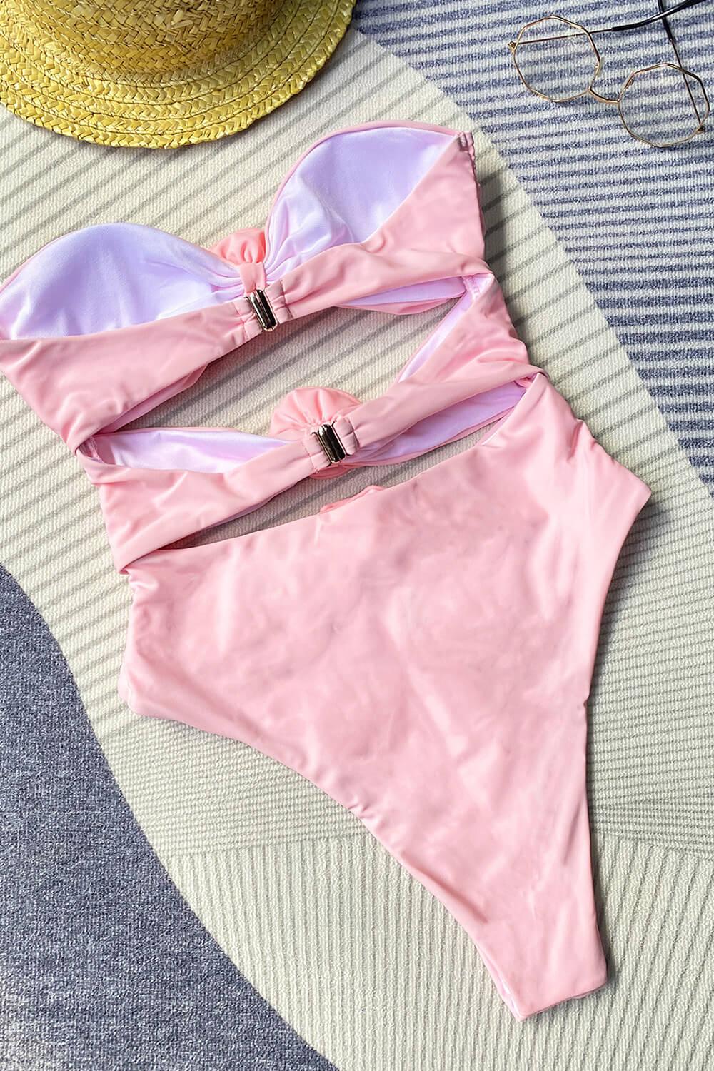 Rose Applique Strapless Cut-Out One Piece Swimsuit
