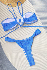 Blue Jeans Flower Wrap Tie Halter Bandeau Bikini Set