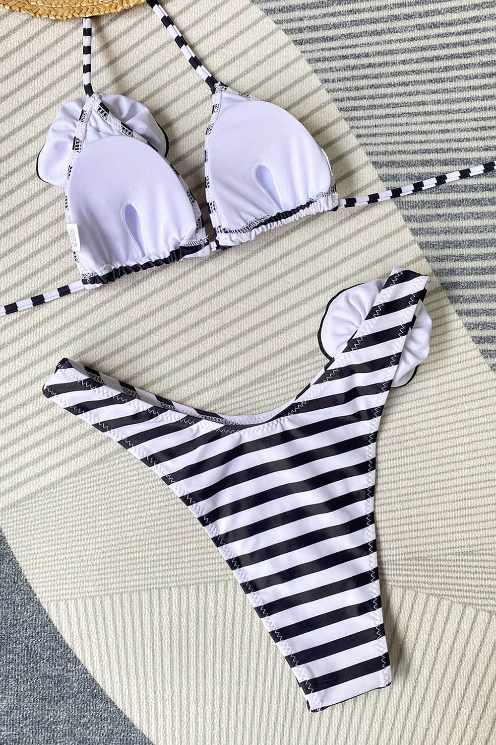 Rosette Triangle Halter High-Cut Bikini Set - Cream Black Stripe