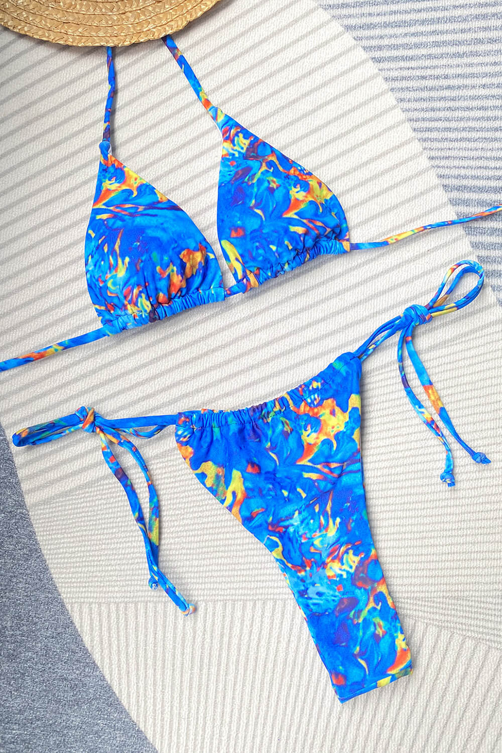 Azure Feather Print Halterneck Triangle Tie Side String Bikini Set