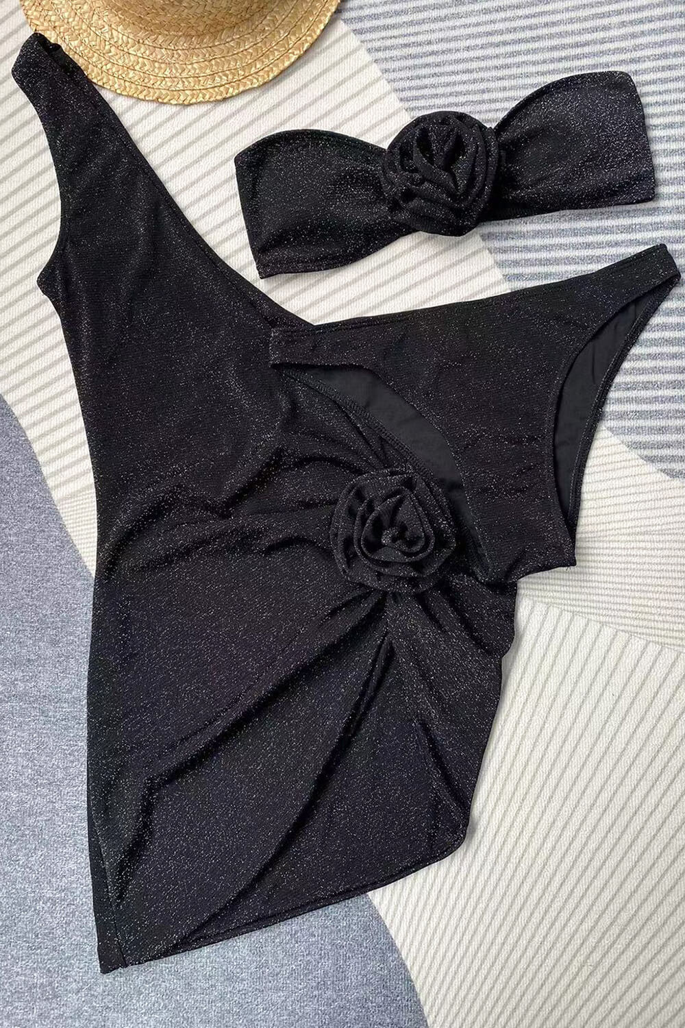 Shimmer Black Rose Applique Bandeau High Leg Bikini Set With Asymmetrical Sarong