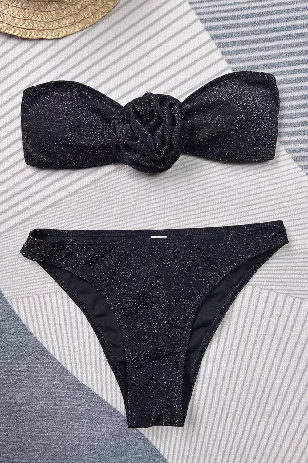Shimmer Black Rose Applique Bandeau High Leg Bikini Set With Asymmetrical Sarong