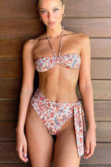 Floral Bandeau Ruched Halterneck High-Waist Bikini Set