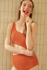 Crinkle Cut-Out One Shoulder One Piece Swimsuit - Tomato