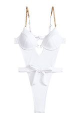 Underwire Wrap Around Cut Out Monokini With Gold Chain Details- White
