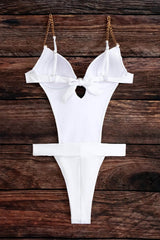 Underwire Wrap Around Cut Out Monokini With Gold Chain Details- White