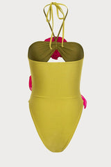 3D Flower Retro Bustier One Piece Swimsuit - Green & Fuchsia
