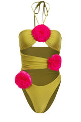 3D Flower Retro Bustier One Piece Swimsuit - Green & Fuchsia