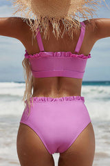 Purple Ruffled Trim High Waist Bikini Set