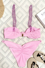 Bandeau Knotted Bikini Set With Braided Chain Strap Details - Pink