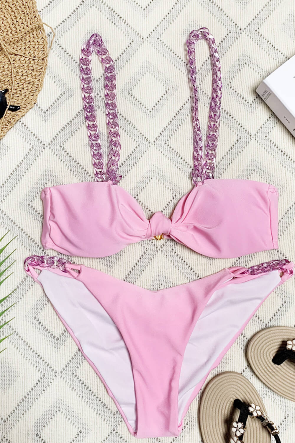 Bandeau Knotted Bikini Set With Braided Chain Strap Details - Pink