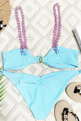 Bandeau Knotted Bikini Set With Braided Chain Strap Details - Blue