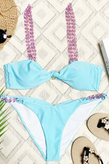 Bandeau Knotted Bikini Set With Braided Chain Strap Details - Blue