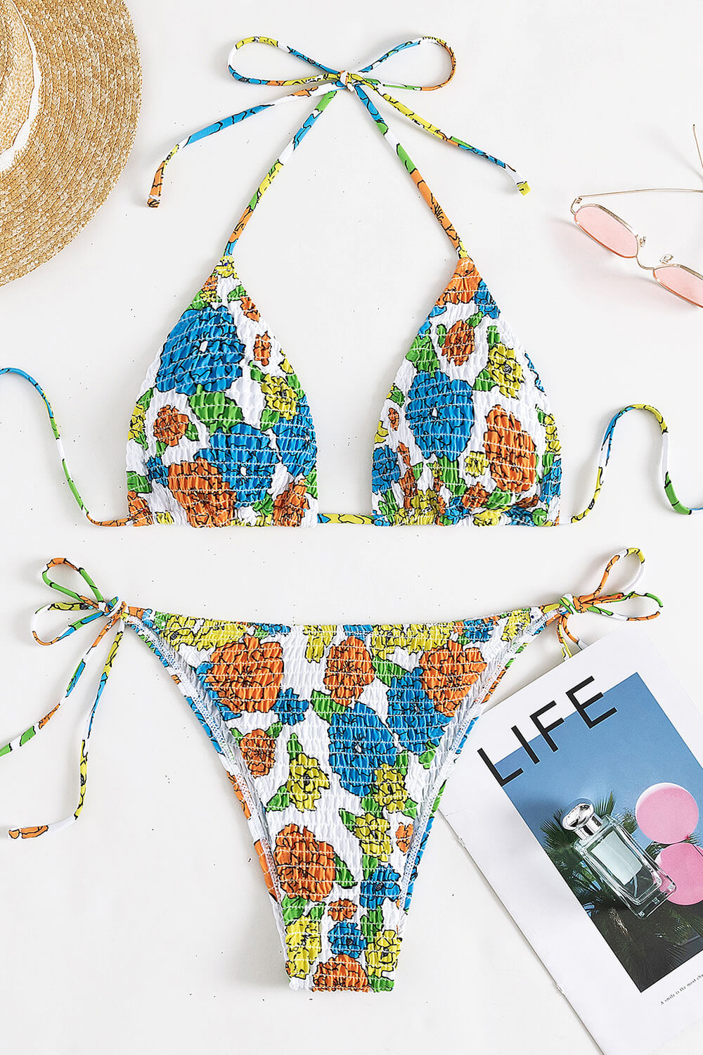 Light Blue Floral Print Crinkle Halter Tie Side Bikini Set