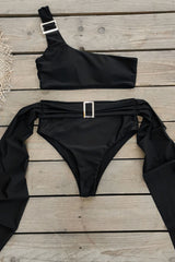One Shoulder High-Waisted Bikini Set With Golden Buckle Details - Black