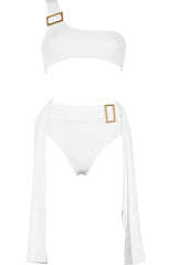 One Shoulder High-Waisted Bikini Set With Golden Buckle Details - White