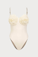 3D Flower Retro Bustier One Piece Swimsuit - Cream