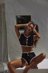 Color Block Ribbed Button Front Cropped High Waisted Bikini Set - Black