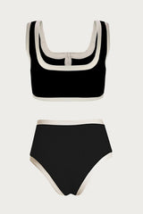 Color Block Ribbed Button Front Cropped High Waisted Bikini Set - Black