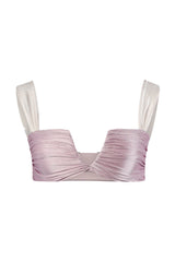 Color Block Ruched V Front Bikini Set - Lilac & White