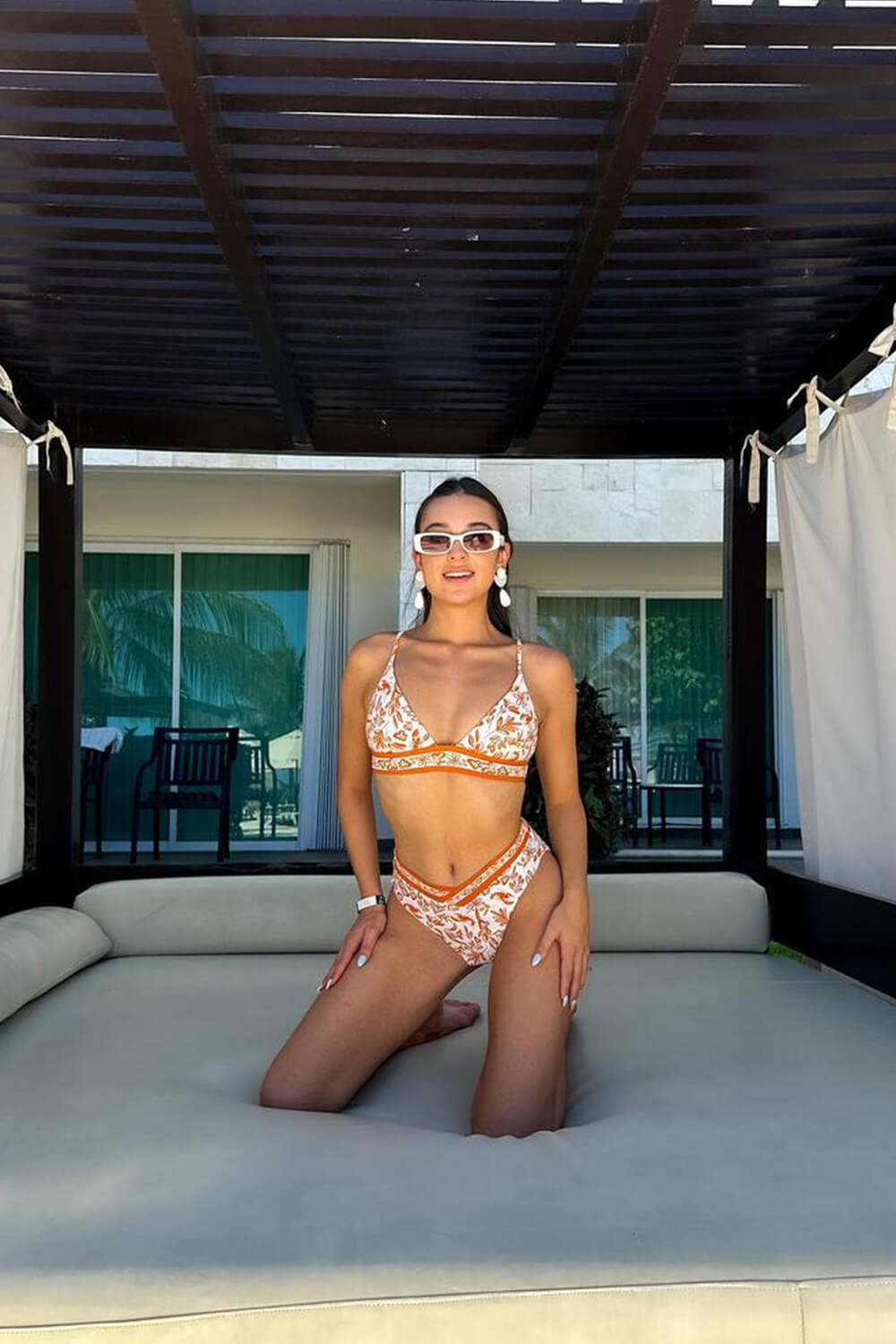 Orange Floral Print Triangle High Waisted Bikini Set