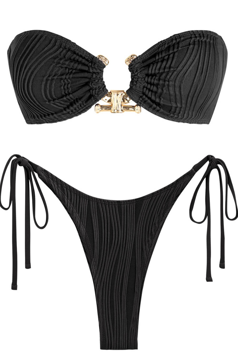 Wave Textured Hammered Trim Bandeau Tie Side Bikini Set - Black