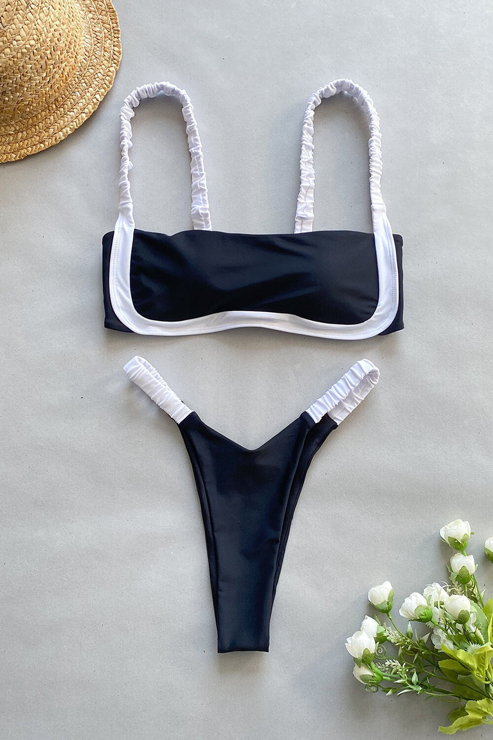 Black & White Colorblock Sporty High-Leg Ruched Bikini Set
