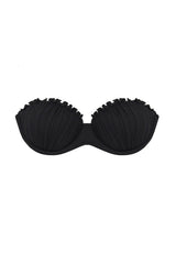 Shell Bandeau Underwire Push Up Frill Trim High Leg Bikini Set - Black