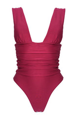 Plunge Ruched High-Leg One Piece Swimsuit - Red