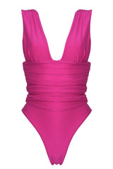 Plunge Ruched High-Leg One Piece Swimsuit - Hot Pink