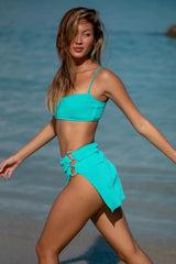 Crinkle Bandeau Bikini Set With Double O-Ring Side Split Beach Skirt - Cyan