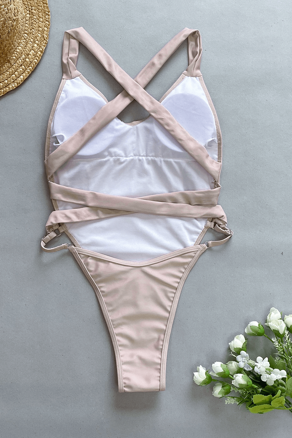 Color Block V Neck High-Cut One Piece Swimsuit - White & Nude