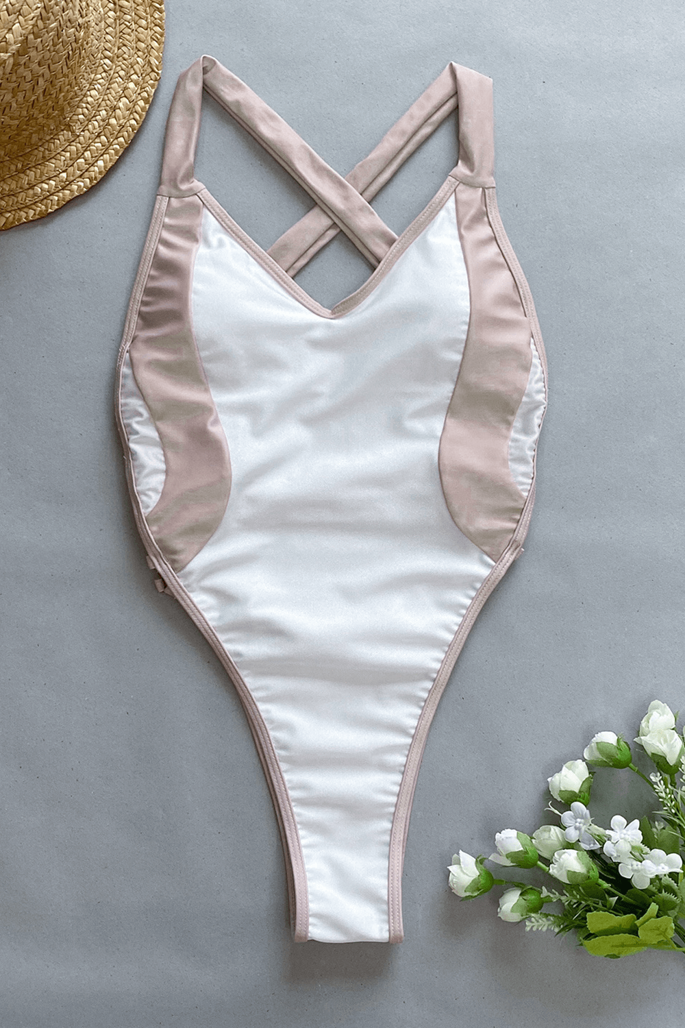 Color Block V Neck High-Cut One Piece Swimsuit - White & Nude