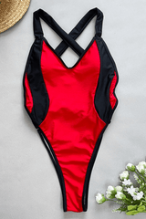 Color Block V Neck High-Cut One Piece Swimsuit - Black & Red