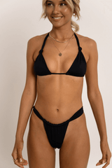 Triangle Ruched Halterneck Tie Side Bikini Set - Black
