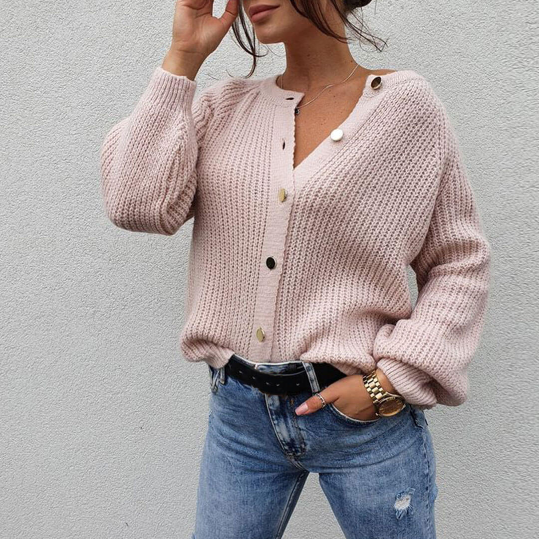 Flattering Ribbed Knit Button Down Long Sleeve Cardigan - Dusty Pink