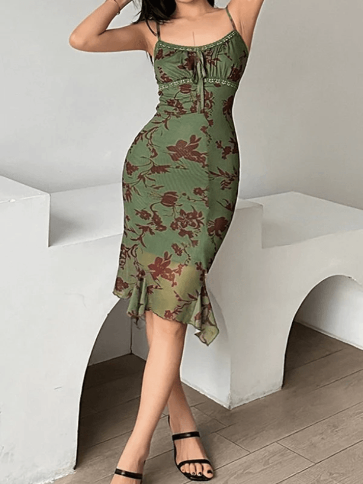 Green Floral Mesh Midi Dress – Aesvs